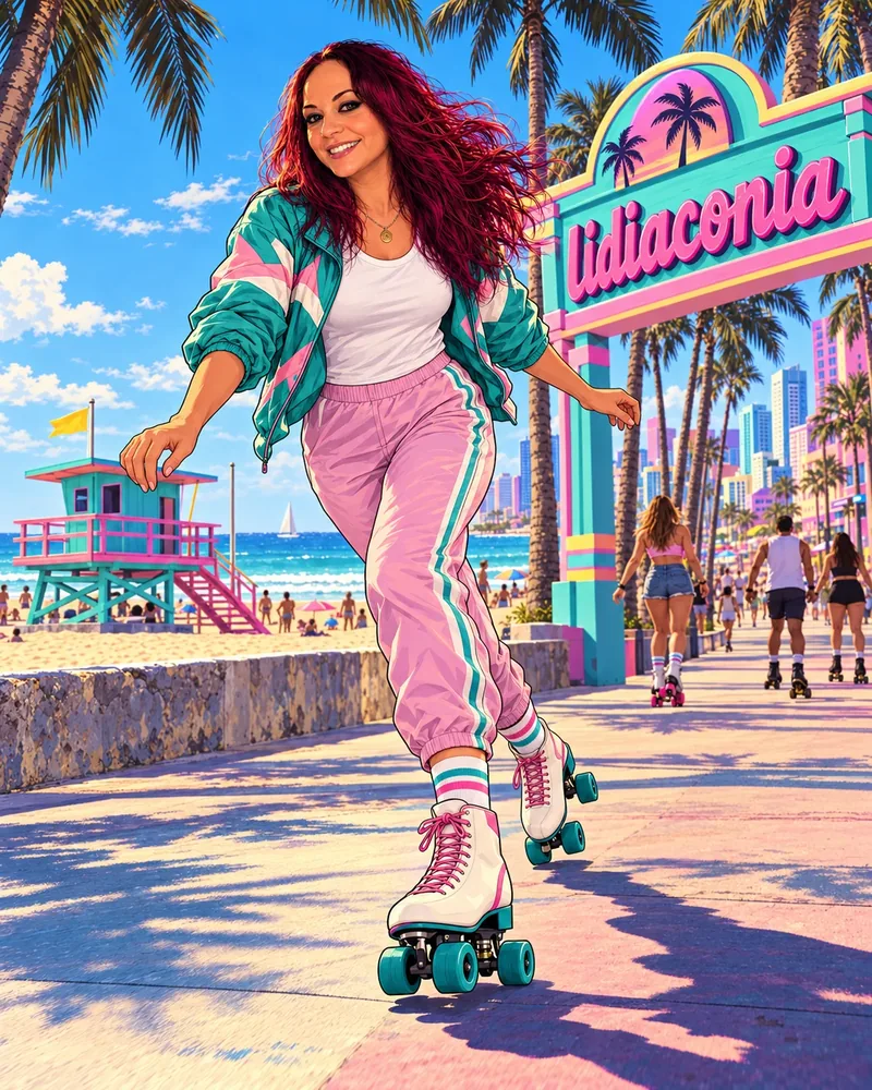 Patines en el paseo marítimo, ilustración estilo GTA VI