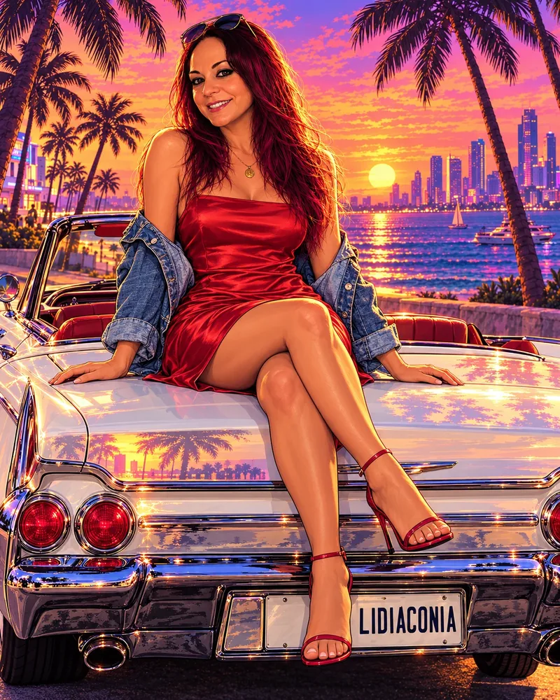 Descapotable al atardecer, ilustración estilo GTA VI